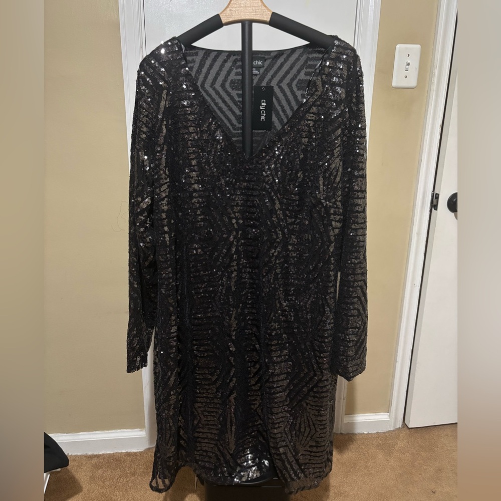 City Chic Black Sequin Long Sleeve Dress